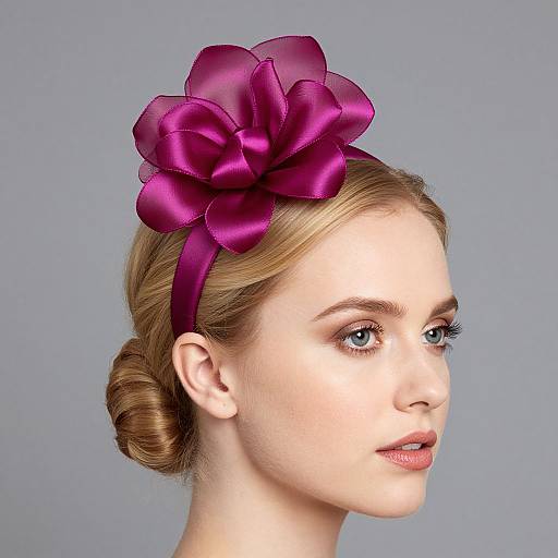 Photograph of a fair-skinned woman with blue eyes, wearing a large, vibrant purple satin bow headpiece, and her blonde hair elegantly curled