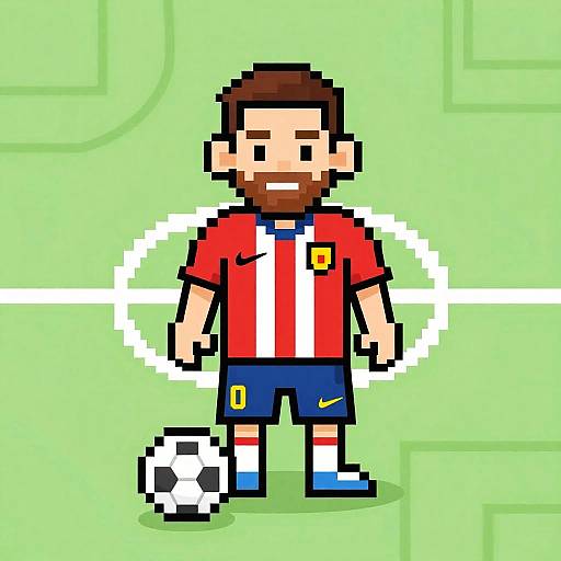 Pixel art of a bearded male soccer player in red and white striped jersey, blue shorts, standing with a soccer ball. Green background.
