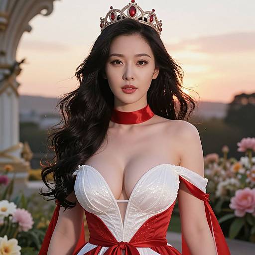 Photograph of an East Asian woman with long black hair, wearing a red and white strapless dress, red choker, and golden crown, standing