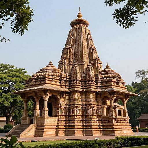 Photograph of an ornate, sandstone Hindu temple with intricate carvings, multiple tiers, and a prominent dome, set in a lush,