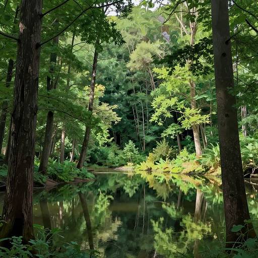 Photograph of a serene forest with tall, lush green trees, dense foliage, and a calm, reflective pond in the center. Sunlight filters through