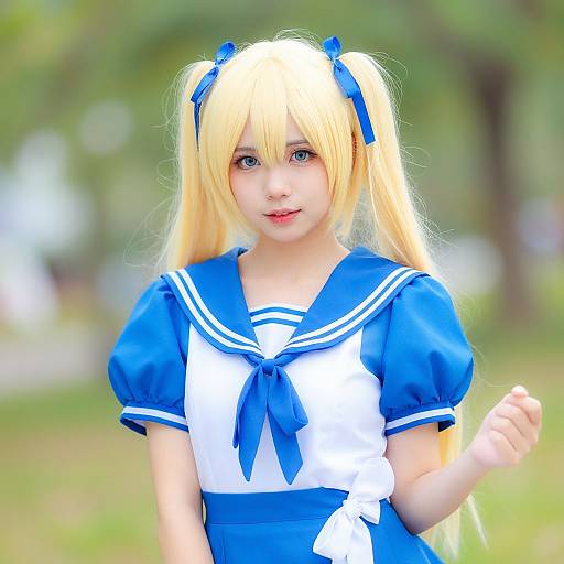 Photograph of a young girl with blonde pigtails, blue ribbons, wearing a blue and white Japanese schoolgirl uniform, standing outdoors with a