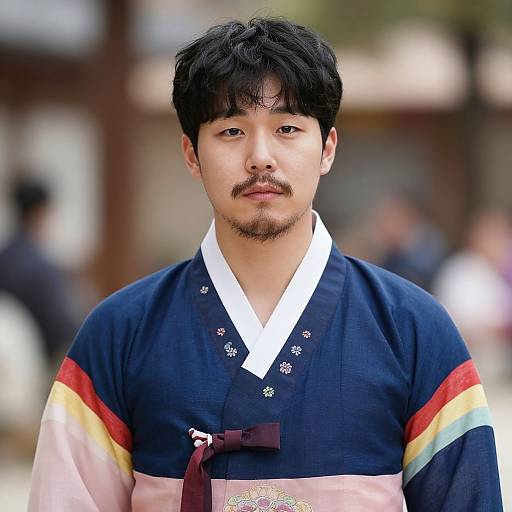 Photograph of an Asian man with black hair and mustache, wearing a traditional Korean hanbok with navy, red, yellow, and pink stripes