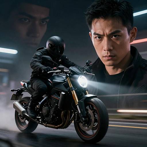 Futuristic Encounter: Man and Motorcyclist