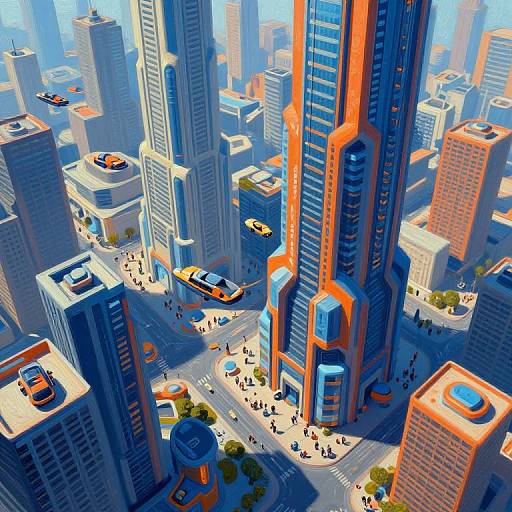 Digital CGI image of a vibrant, futuristic cityscape with towering skyscrapers in shades of blue and orange, bustling streets, and colorful buses and cars
