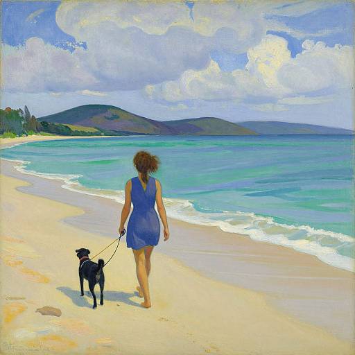 Oil painting of a woman in a blue dress walking a black dog on a sandy beach with turquoise water and distant hills.