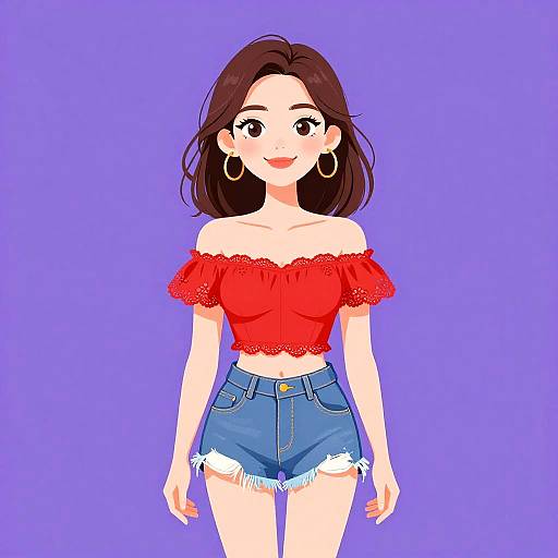 Digital anime-style drawing of a smiling woman with long brown hair, wearing a red off-shoulder top, blue denim shorts, and large gold hoop