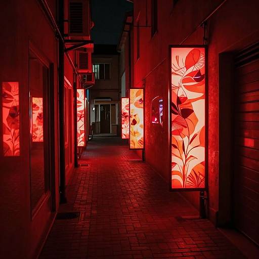 Vibrant Red Alleyway with Floral Panels