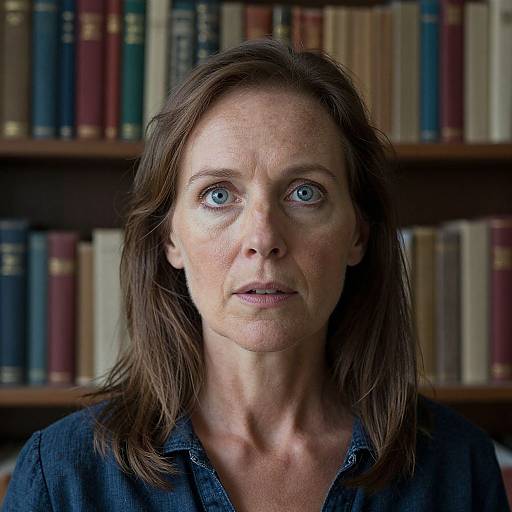 Photograph of a middle-aged woman with blue eyes, shoulder-length brown hair, wearing a dark blue shirt, standing in front of a bookshelf filled