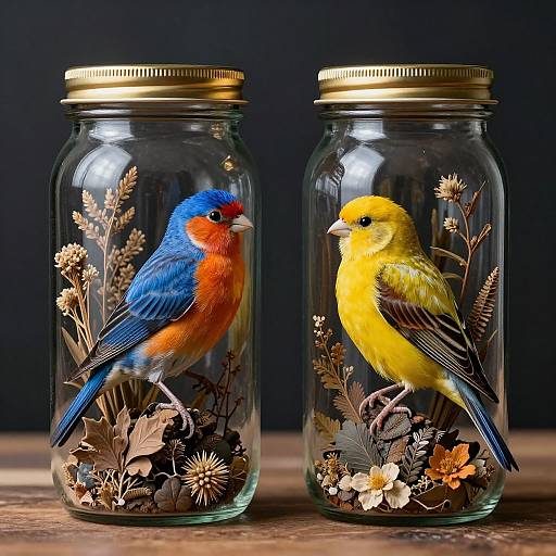 Photograph of two glass jars with golden lids, each containing a colorful bird—a blue and orange male and a yellow male—surrounded by detailed floral