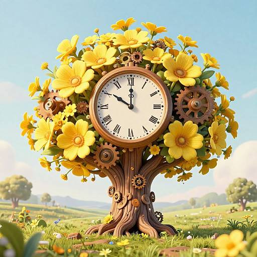 Photorealistic CGI of a clock tree with yellow flowers, green leaves, and brown gears, set in a sunny meadow.