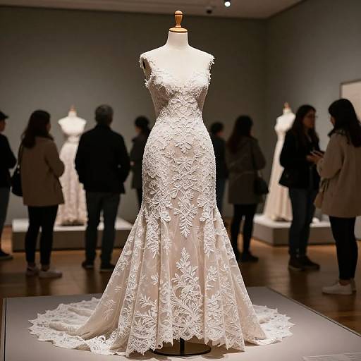 Photograph of an elegant, white lace mermaid wedding dress on a mannequin, illuminated in a dimly lit exhibition room with blurred onlook