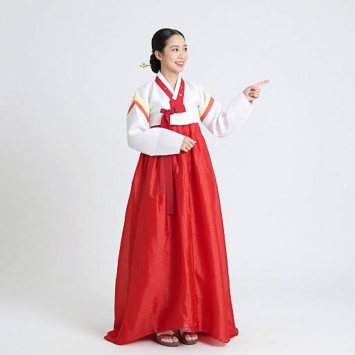 Photograph of a smiling Asian woman in traditional Korean hanbok, wearing a white top with red sleeves and a long red skirt, pointing to the