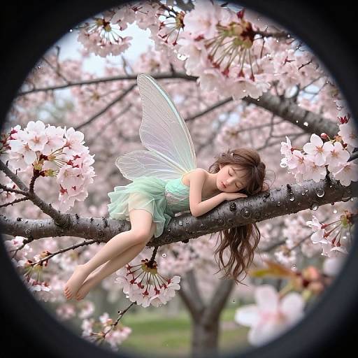 Digital fairy art: A sleeping fairy with translucent wings and green dress rests on a cherry blossom tree branch, surrounded by pink flowers. Viewed through a