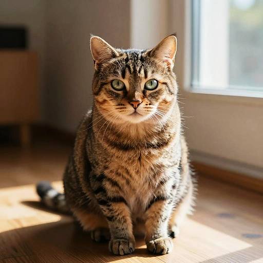 Photograph of a tabby cat with striking green eyes, sitting on a sunlit wooden floor, in front of a window.
