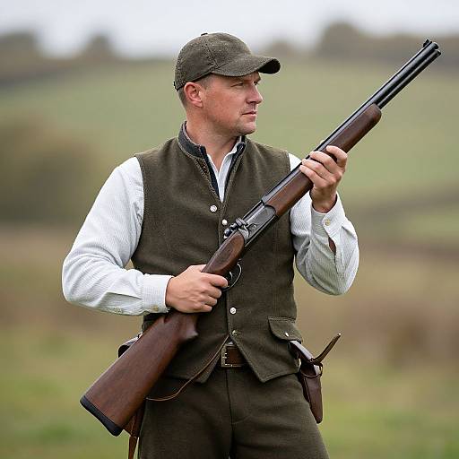 Photograph of a focused, Caucasian man in a brown vest, white shirt, and cap, holding a long rifle, standing in a grassy,
