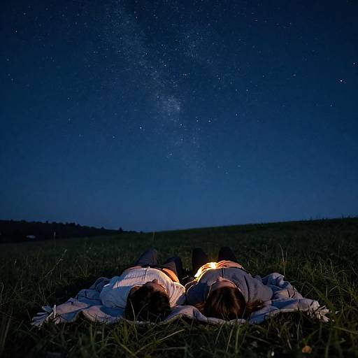Photograph of a couple lying on grass at night, gazing at a star-filled sky, illuminated by a small campfire.