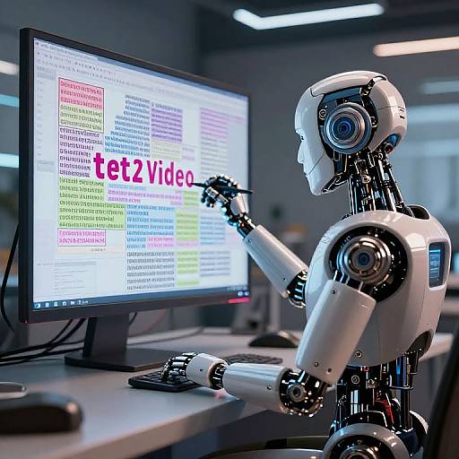 Photograph of a white humanoid robot with blue eyes, typing on a computer screen displaying 