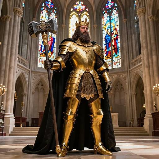 Photorealistic digital artwork of a bearded king in golden armor, black cape, and crown, holding a large, ornate axe, standing in