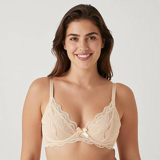Smiling Woman in Lace Beige Bra
