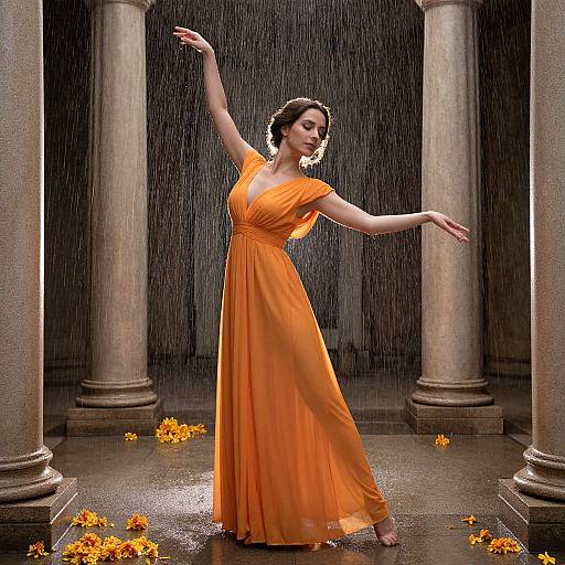 Elegant Woman in Rainy Ancient Setting
