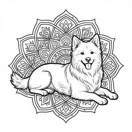 Black and white digital line drawing of a smiling, fluffy dog lying down surrounded by intricate, symmetrical mandala patterns.