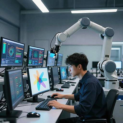 Photograph of an Asian male engineer with short black hair, wearing a dark shirt, using multiple computer monitors and a robotic arm in a modern, brightly