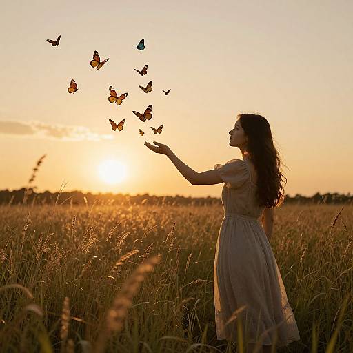 Photograph of a woman in a light dress, silhouetted at sunset, releasing colorful butterflies over a golden field.