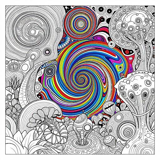 Vividly colored swirling spirals amidst intricate black-and-white line art of flowers and abstract patterns, creating a vibrant contrast. Digital art.