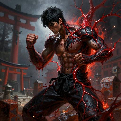 Shinto Shrine Fighter with Neon Veins