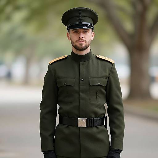 Photograph of a serious-looking man with a beard, wearing a black military uniform with gold shoulder epaulettes, black hat, and black gloves