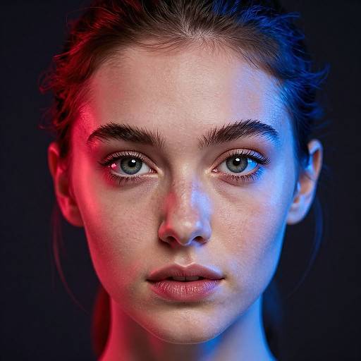 Close-up photograph of a young woman with blue eyes, fair skin, and dark brown hair, illuminated by red and blue lights against a black background.