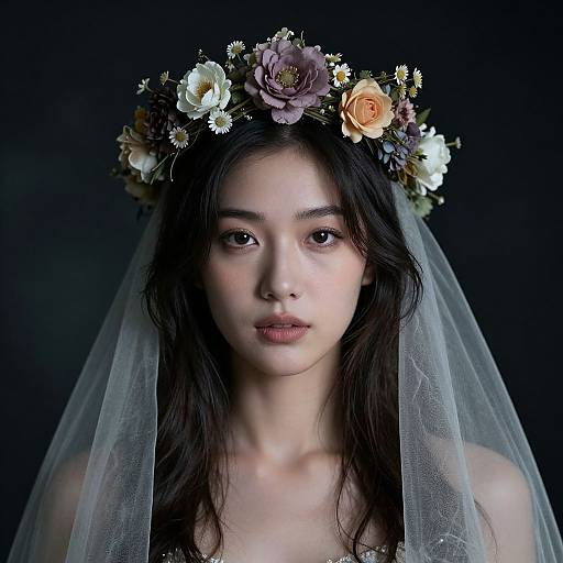 Photograph of an Asian woman with long black hair, wearing a floral crown and veil, against a dark background, with a serene, slightly melancholic