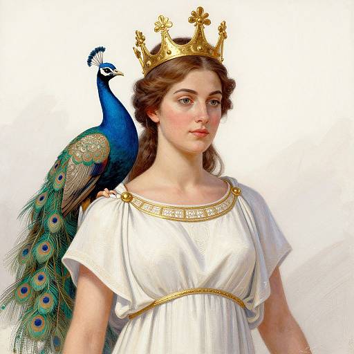Digital painting of a fair-skinned woman with brown hair, wearing a gold crown and white ancient Greek-style dress, with a vibrant blue peacock per