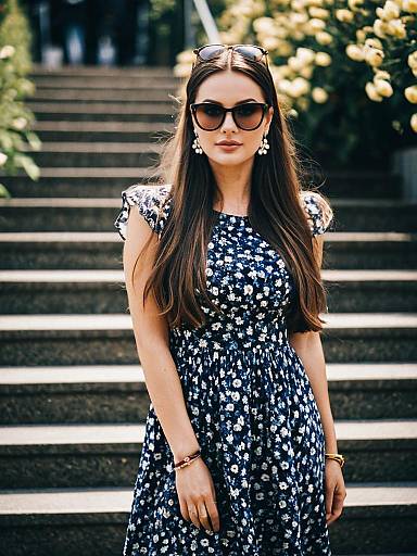 Young Woman in Floral Dress and Sunglasses on Stairs