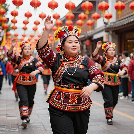 Photograph of traditional Chinese dancers in black and red costumes, adorned with intricate patterns and colorful headpieces, waving hands under a string of red lanterns