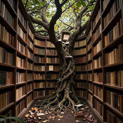 Photograph of a massive tree growing through a narrow aisle of dark wooden bookshelves filled with books, sunlight filtering through leaves.
