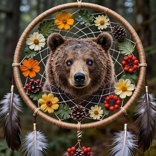 Photograph of a realistic bear face centered in a dreamcatcher with orange, yellow, and white flowers, red berries, pine cones, and white