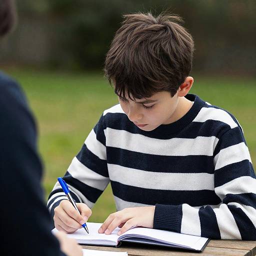 Focused Young Boy Writing Outdoors