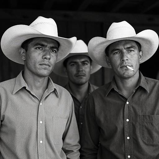 Somber Cowboys in Dimly Lit Setting
