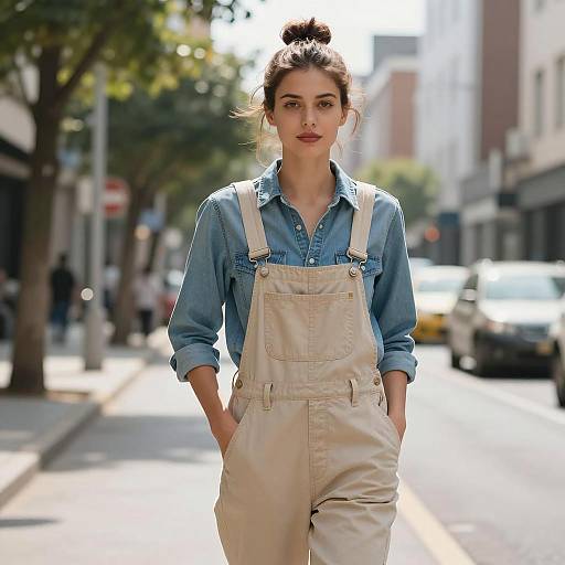 Young Woman in Beige Overalls on Urban Street