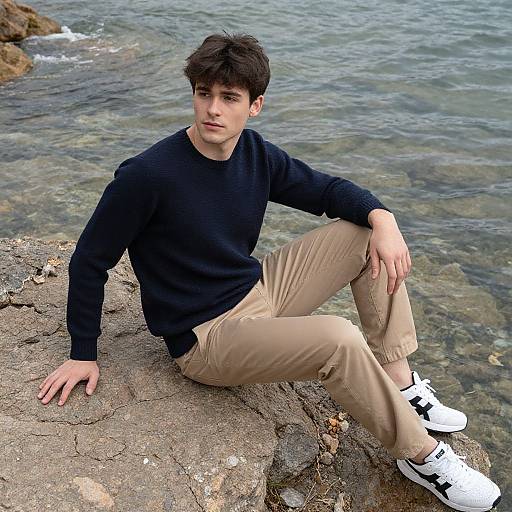 Young Man Relaxing by Rocky Waterfront