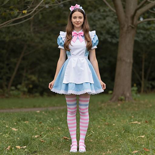 Photograph of a young woman in a blue and white Alice in Wonderland-style dress, pink bow, pink and white striped tights, and pink shoes