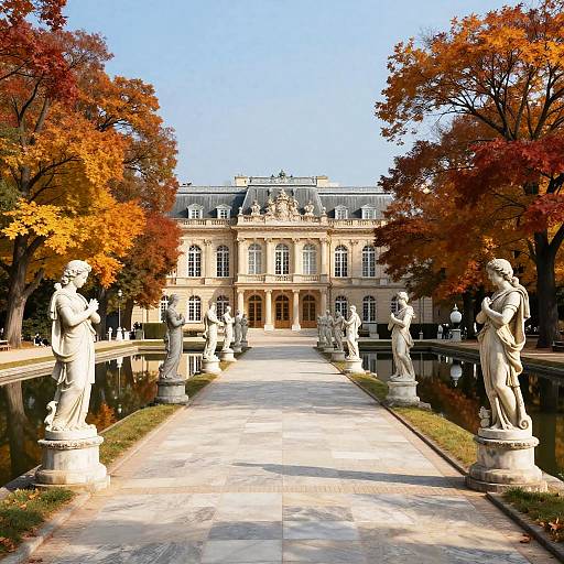 Photograph of a grand European mansion with autumn foliage, flanked by statues on a stone path, leading to the symmetrical entrance.