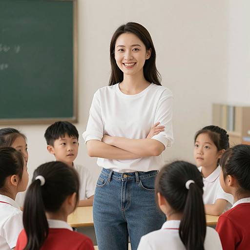 Photograph of an Asian woman with long black hair, smiling, wearing a white shirt and blue jeans, standing in a classroom with six attentive Asian children
