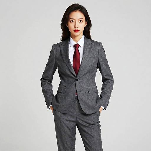 Photograph of a confident Asian woman in a gray checkered suit with a white shirt and red tie, standing against a white background, hands in pockets
