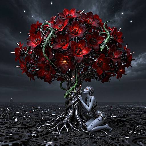 Digital artwork of a silver-skinned woman kneeling under a dark, spiky tree with glowing red flowers and green snakes, in a starry, night