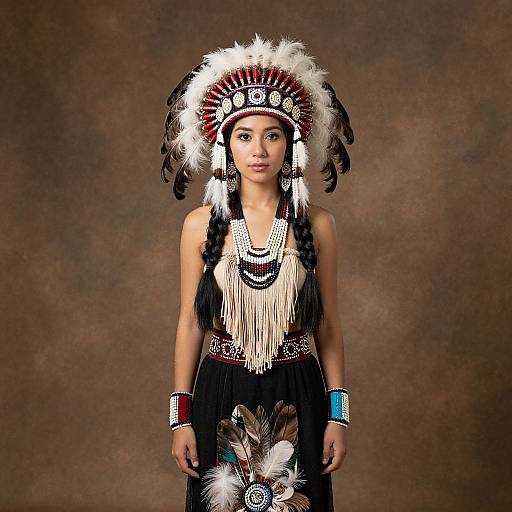 Photograph of a young woman in traditional Native American attire, wearing a feathered headdress, beaded necklace, and intricate black dress with white and