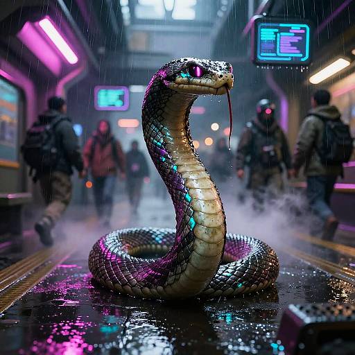 Digital art: Neon-lit, rainy subway station with a glowing, iridescent snake coiling on the wet platform, surrounded by blurred, cyber