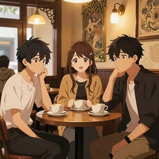 Anime-style drawing of three young adults with black hair, sitting at a wooden café table, holding teacups, in a warmly lit, decorative room